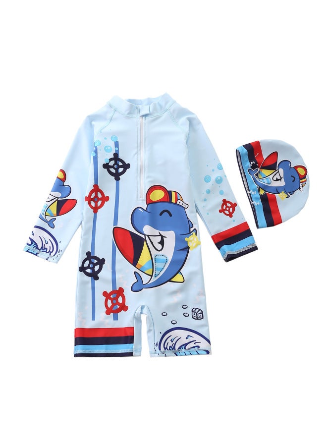 Children's Swimsuit Boy's Cartoon Cute Dinosaur Swimsuit Long-sleeved Anti-sand Surfsuit Swimsuit-Color:D2341-4BW Helmsman- - Image 1